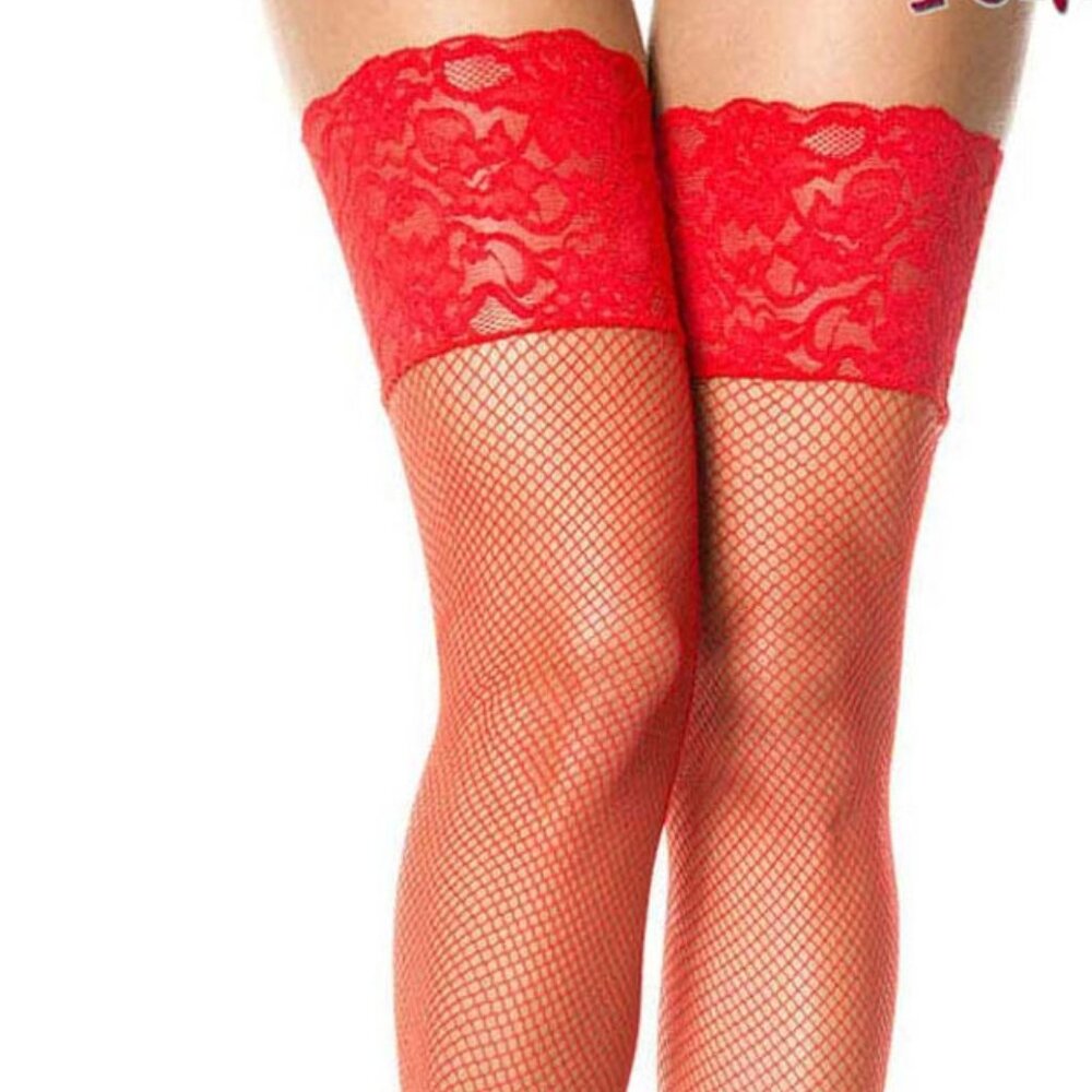 Music Legs Wide lace top fishnet thigh hi Red Queen